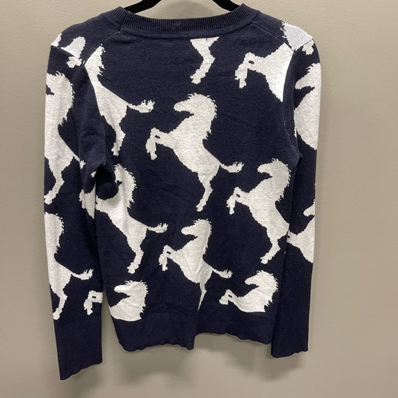 Elegant Navy and White Horse Pattern Sweater - Picture 2 of 4